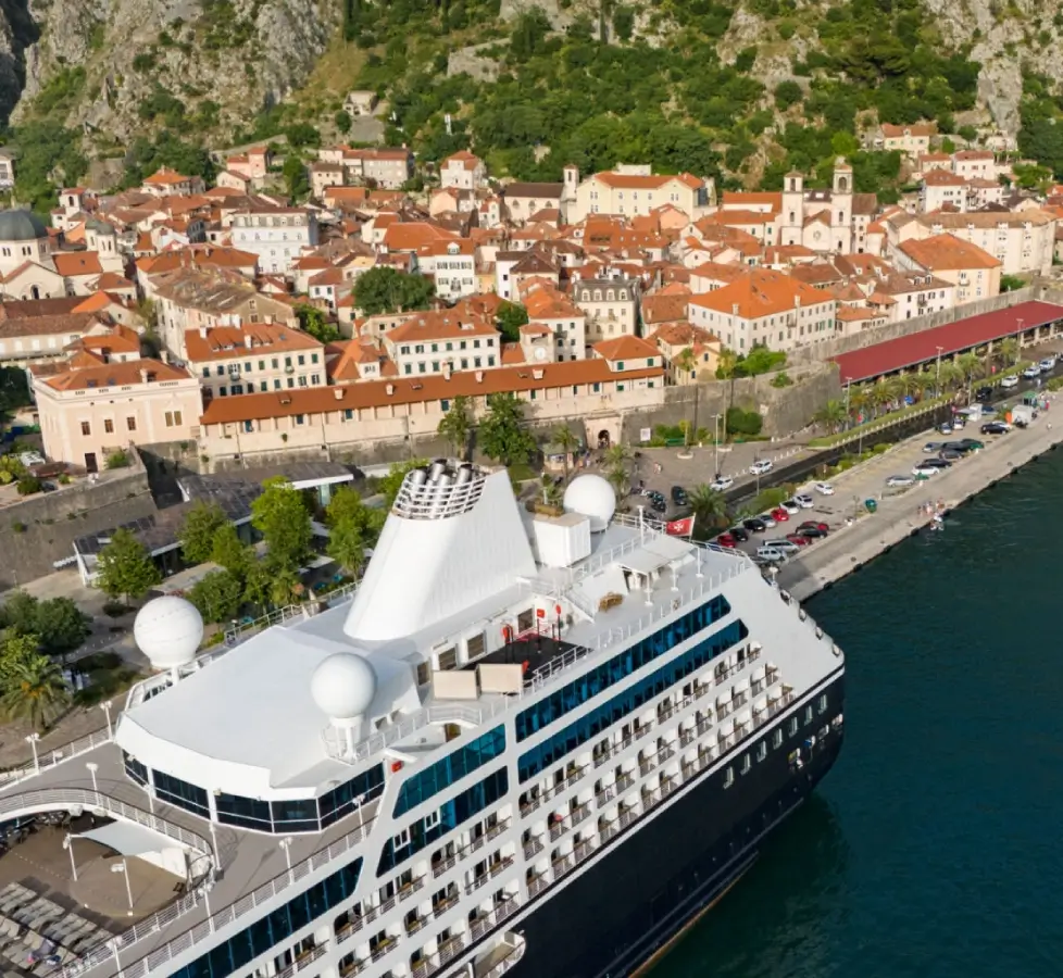 Aerial view of ship and town