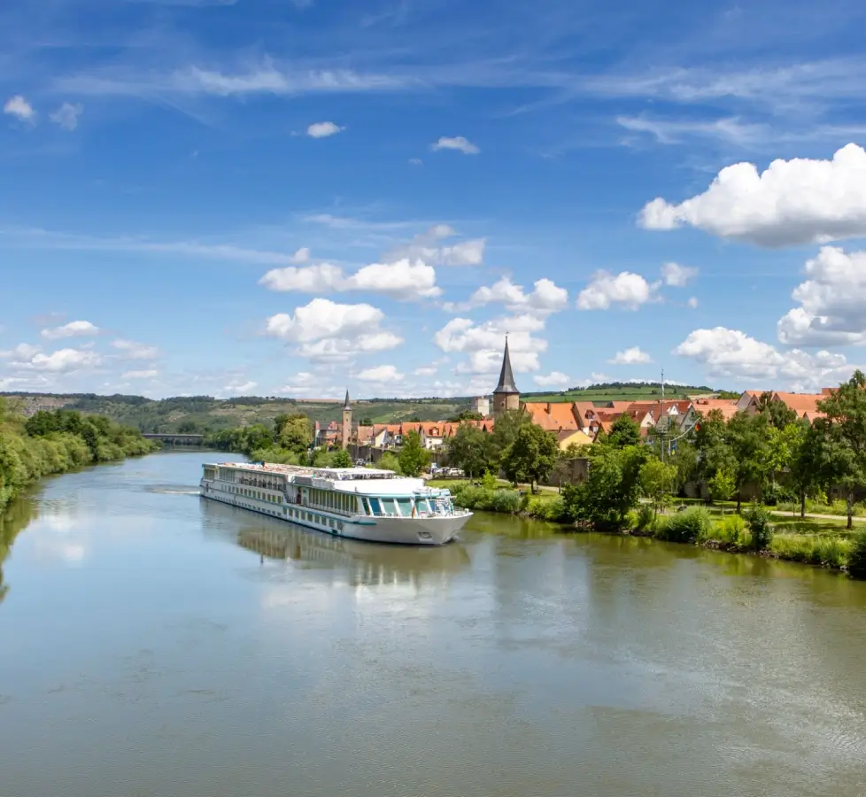 Scenic river view with cruise ship